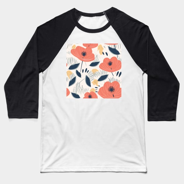 Minimalist Seamless Floral Pattern Spring Flower Bloom Baseball T-Shirt by AstroWolfStudio